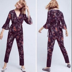 Anthropologie Maeve Espoir Floral Bird Print Boho Jumpsuit Size 2 EUC
